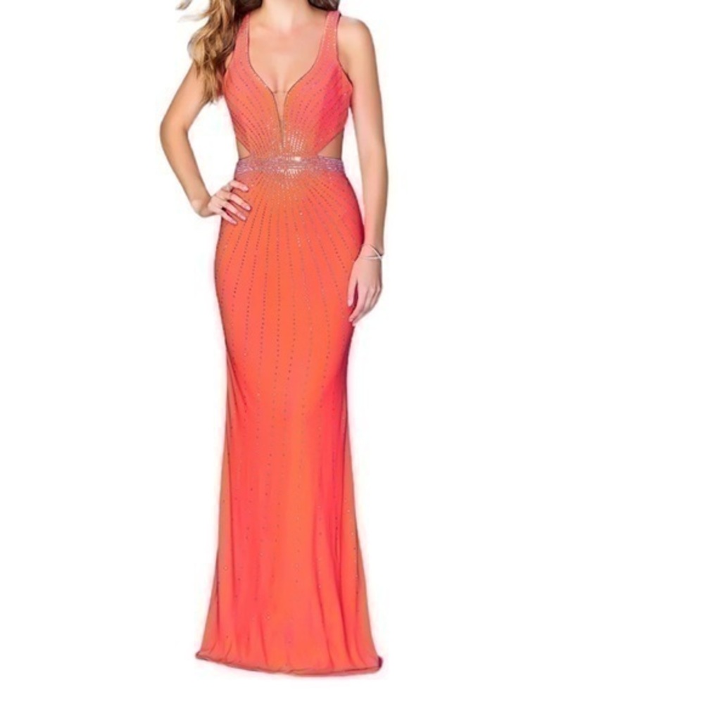 LA FEMME Neon embellished Rhinestone cut-out formal gown